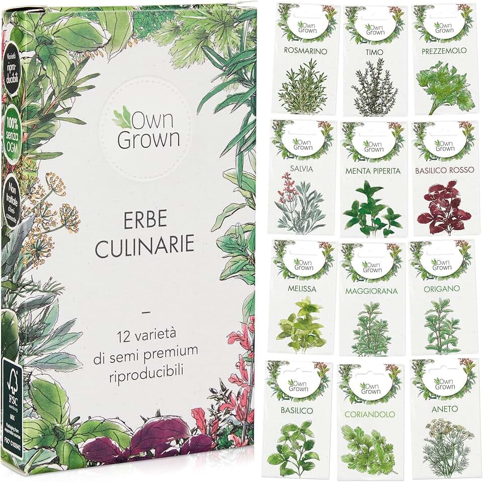OwnGrown Set di Semi di Erbe - 12 Varietà di Erbe per Giardino e Cucina - Prezzemolo, Erbe di Provenza, Coriandolo, Aneto - Semi Piantare per Aromi Freschi - Amanti Giardinaggio