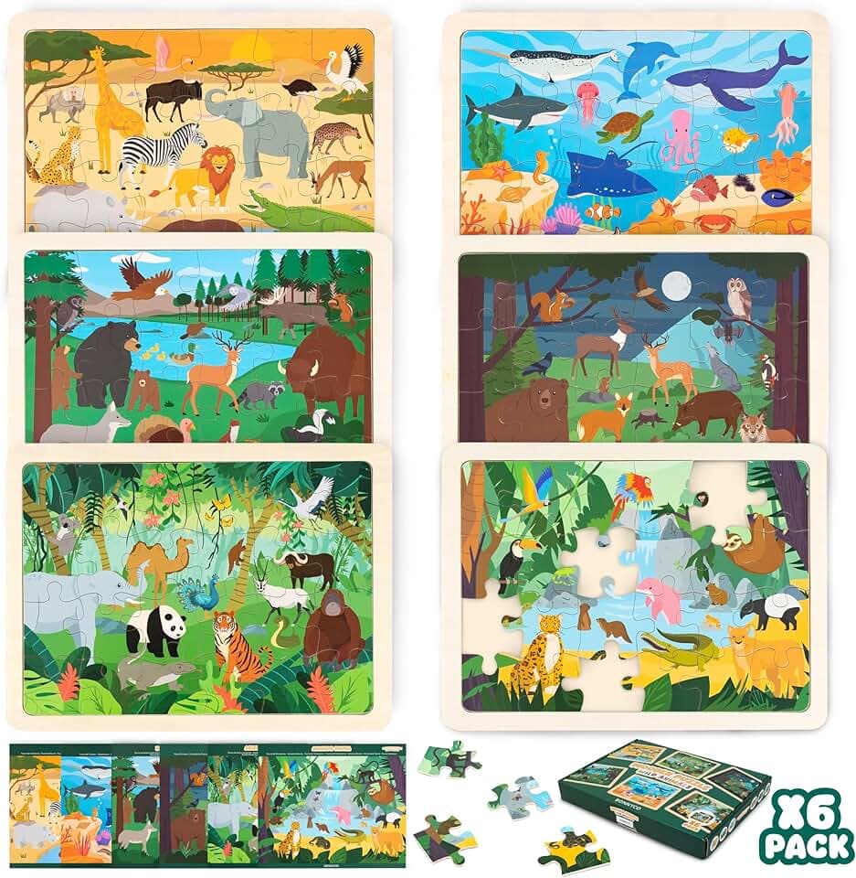 BONNYCO Puzzle Legno Bambini 6 Sets 24 Pcs, Animali di Diversi Ecosistemi. Puzzle 3-8 Anni con Tavoletta, Giochi Educativi. Giocattoli, Regalo Bambino e Bambina, Natale