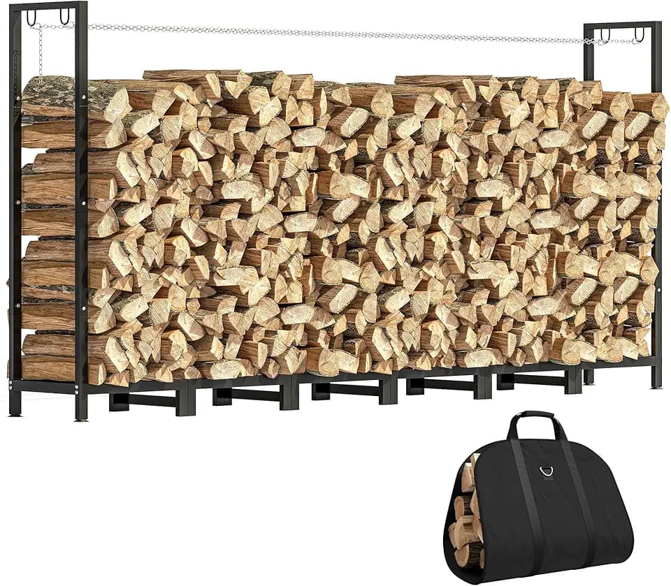 Outsunny Legnaia da Esterno in Acciaio, Portalegna da Esterno con Borsa Portalegna da Trasporto, Struttura Regolabile e Catene in Metallo, Porta Legna Rialzato, 0.8m³, 235x31x116 cm, Nero