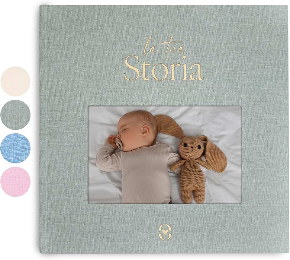 Wellode® Album Nascita Bambino/a con Copertina in Lino Personalizzabile - Libro Nascita Bimbo/a con 76 Pagine e Adesivi Oro - Album Ricordi Neonato - Idea Regalo Nascita e Baby Shower, Genere Neutro