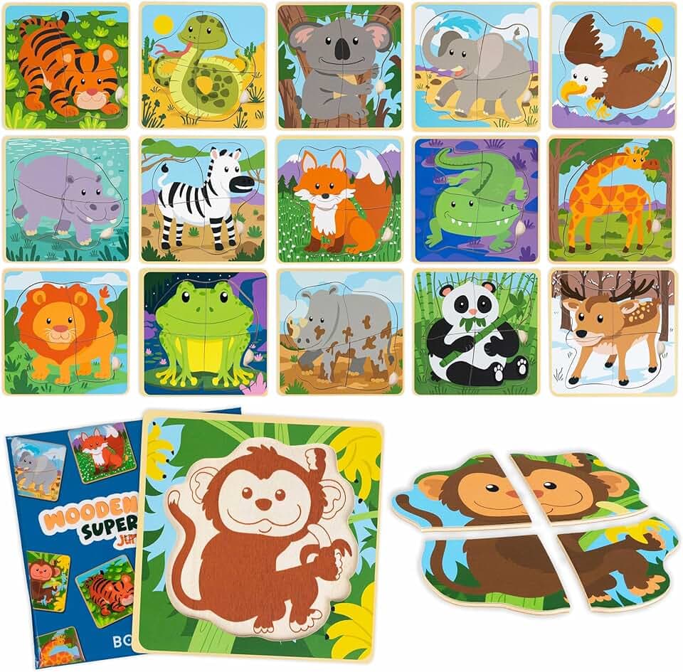 BONNYCO Pack 16 Puzzle in Legno di 4 Pezzi per Gadget Compleanno Bambini 1-5 Anni. Regalini Fine Festa Invitati, Idee Pensierini San Valentino, Regalo Alunni Scuola e Giochi Befana