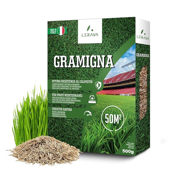 LERAVA Semi Gramigna per Prato (500 g) - Copertura 50 m² - Semi gramignone resistenti alla siccità - Ideali per prati mediterranei e costieri - Consumo d’acqua 20% ridotto