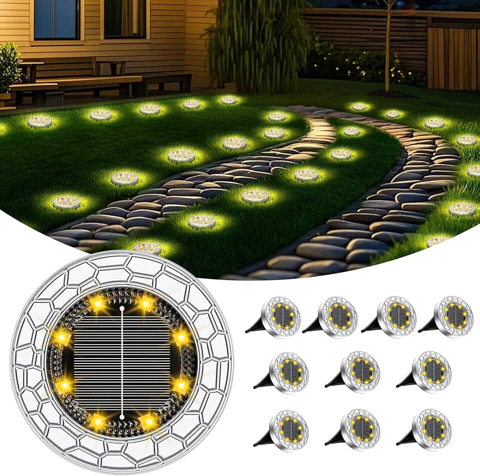 FIFlying 10 pezzi Luci Solari da Giardino, 8 LED Lampade Solare da Terra, Acciaio Inossidabile Bianco Caldo Faretti Sepolta Solari a Led da Esterno, per Prato, Vialetto, Marciapiede, Patio