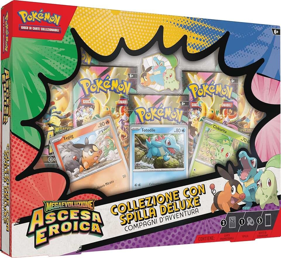 Pokémon: collezione con spilla deluxe Compagni d’avventura dell’espansione Megaevoluzione - Ascesa Eroica del GCC Pokémon (3 carte promozionali olografiche, 1 spilla deluxe e 5 buste di espansione)
