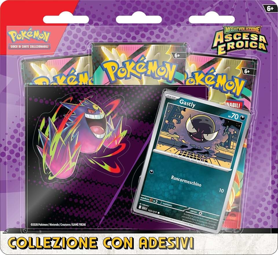 Pokémon: collezione con adesivi (Gastly) dell’espansione Scarlatto e Violetto - Ascesa Eroica del GCC Pokémon (una carta promozionale olografica e tre buste di espansione), Edizione in Italiano