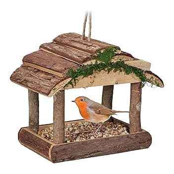 Relaxdays Mangiatoia per Uccelli, Casette in Legno Dispenser di Mangime da Esterno, Decorazione da Giardino, Marrone
