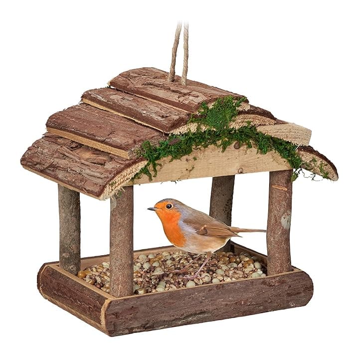 Relaxdays Mangiatoia per Uccelli, Casette in Legno Dispenser di Mangime da Esterno, Decorazione da Giardino, Marrone