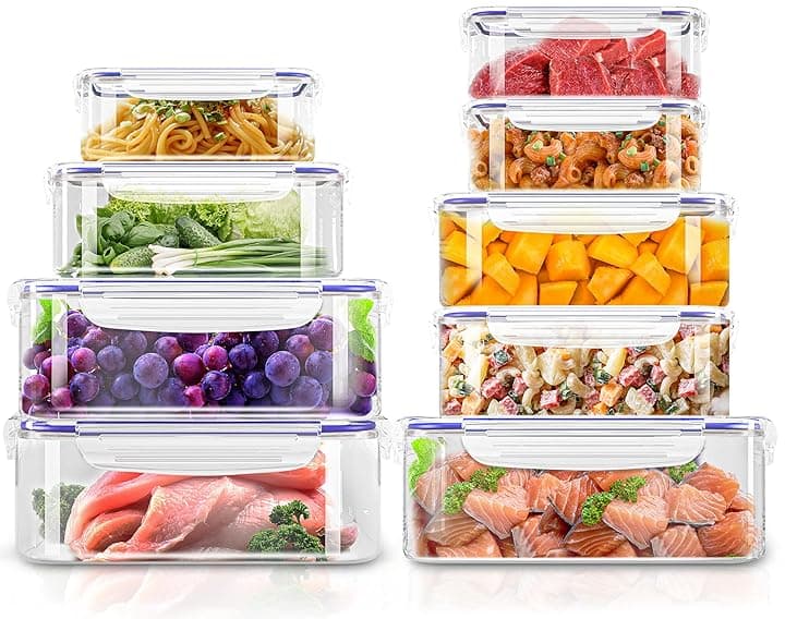 KICHLY 18 pezzi, 9 contenitori in plastica a tenuta stagna per alimenti con 9 coperchi per cucina, dispensa, credenza – sicuro nel Microonde e congelatore a prova di perdite-senza BPA-Blu