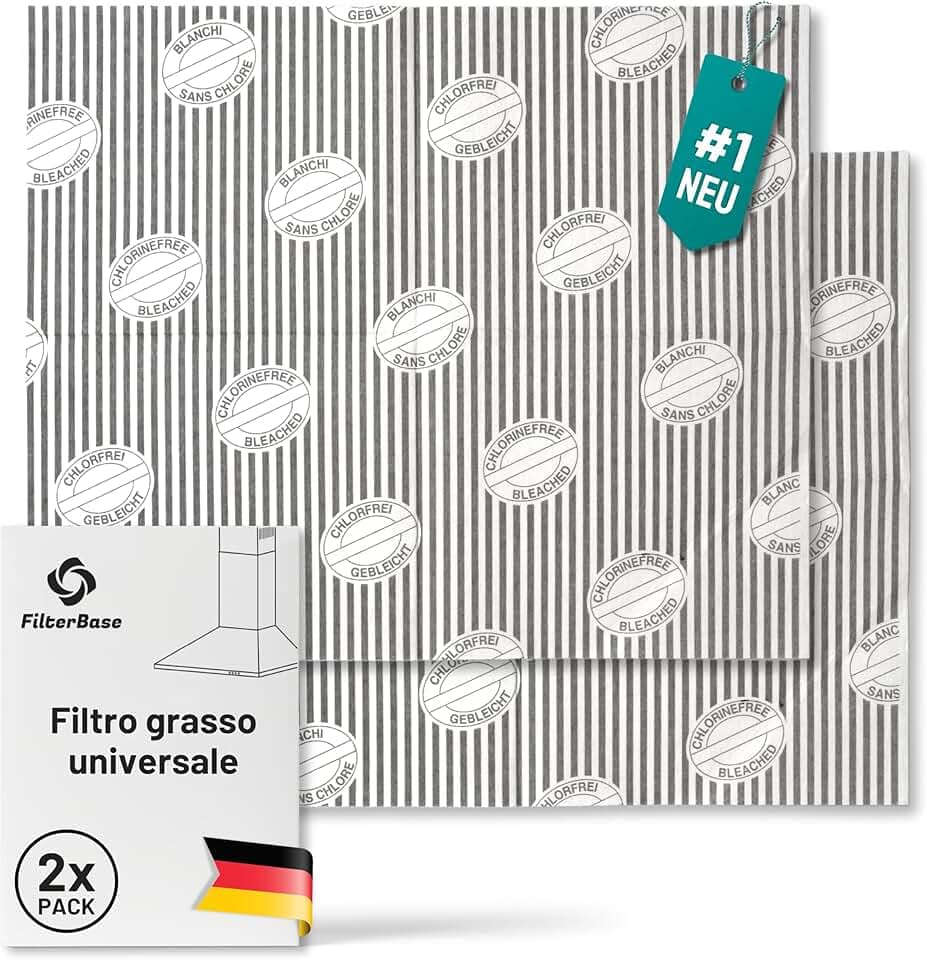 FilterBase® Filtro universale per cappa aspirante | Confezione da 2 | Indicatore di saturazione del filtro grasso, filtro piatto per cappa aspirante | Tappetino filtrante tagliabile 57x47 cm