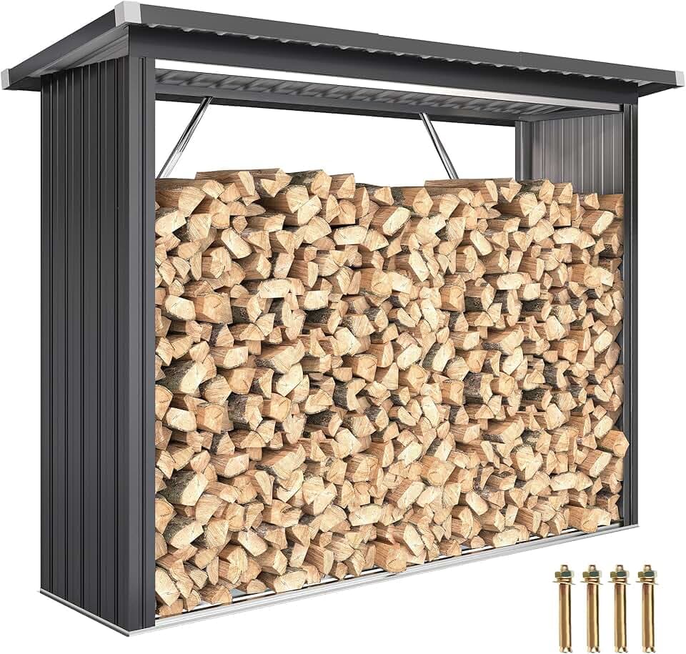 Outsunny Portalegna da Esterno, Legnaia da Esterno in Acciaio Zincato, Capanno Casetta Porta Legna con Base Rialzata e Tetto Inclinato, Montaggio Veloce, 1.12m², 213x66.5x150 cm, Grigio Scuro