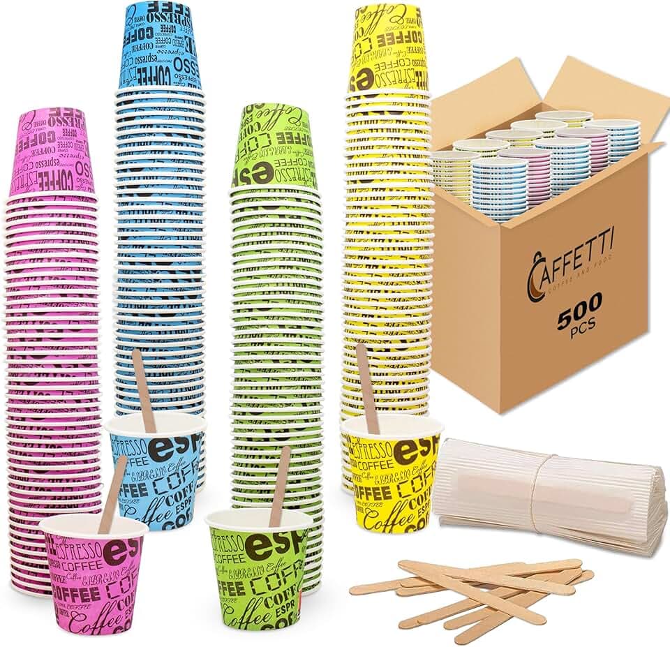 Set 500 Bicchierini Caffè + 500 Palette - Bicchieri 75 ml 2,5 oz in Carta Colorati e Palettine Usa e Getta Riciclabili, per Ristoranti, Ufficio, Asporto, Bar, Espresso