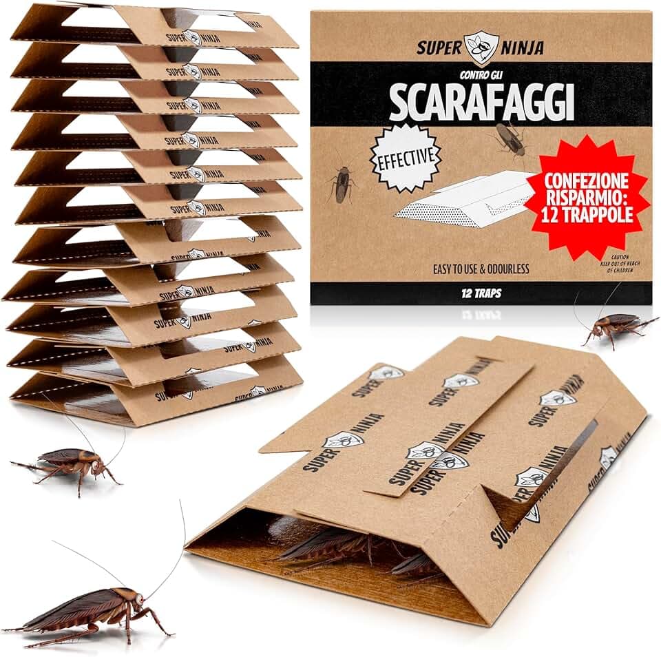 Super Ninja Trappole per Scarafaggi – 12 Pezzi con Colla e Attrattivo, Non Tossiche, Contro Scarafaggi e Blatte, Sicure per la Disinfestazione di Casa, Cantina, Garage, in Cartone Riciclato