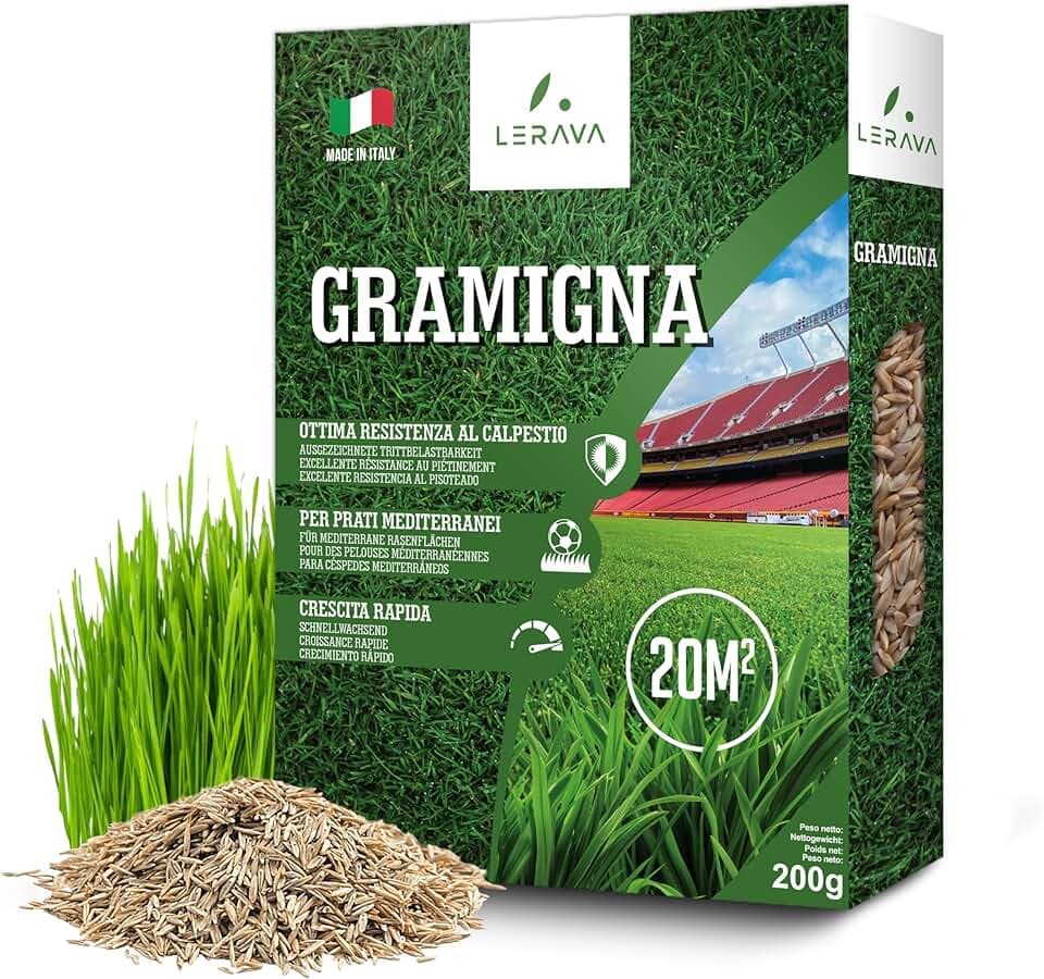 LERAVA Semi Gramigna per Prato (200 g) - Copertura 20 m² - Semi gramignone resistenti alla siccità - Ideali per prati mediterranei e costieri - Consumo d’acqua 20% ridotto