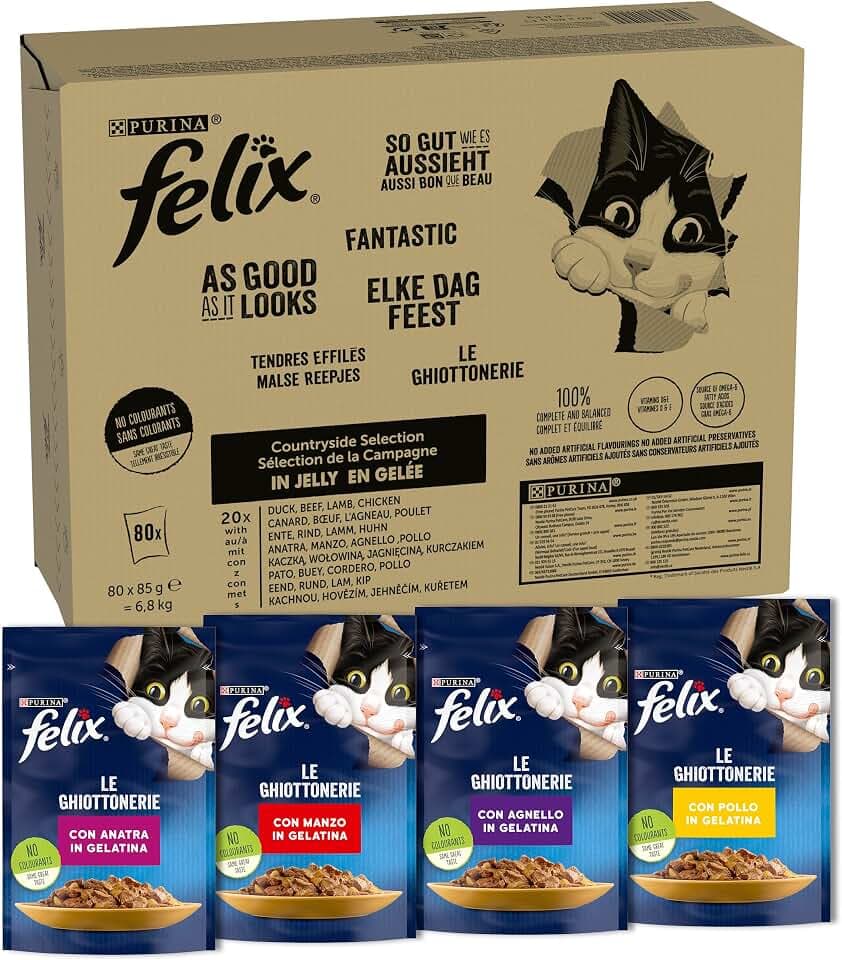 FELIX Le Ghiottonerie Cibo Umido per Gatti Adulti, 80 Bustine da 85g, Carne