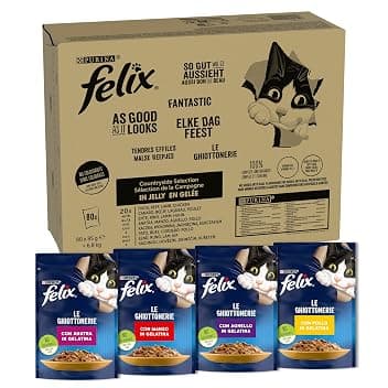 FELIX Le Ghiottonerie Cibo Umido per Gatti Adulti, 80 Bustine da 85g, Carne