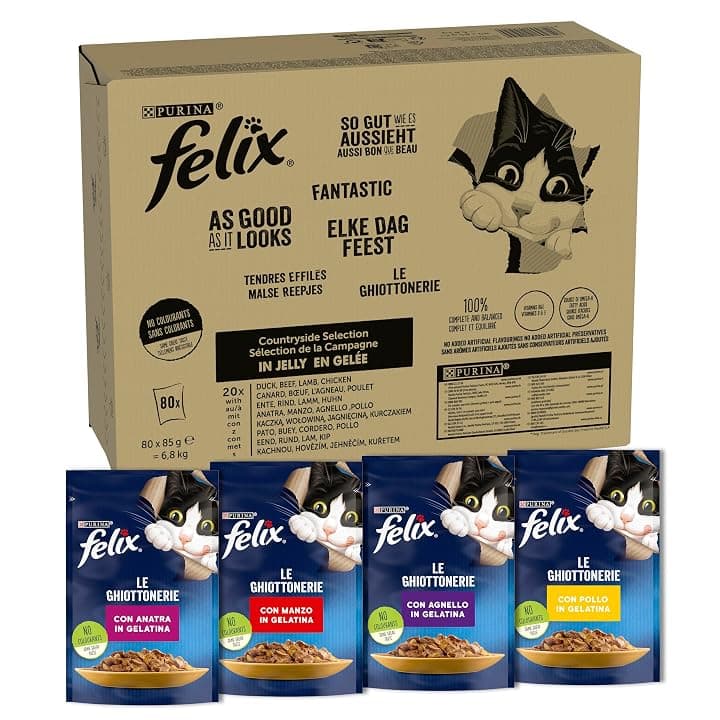 FELIX Le Ghiottonerie Cibo Umido per Gatti Adulti, 80 Bustine da 85g, Carne