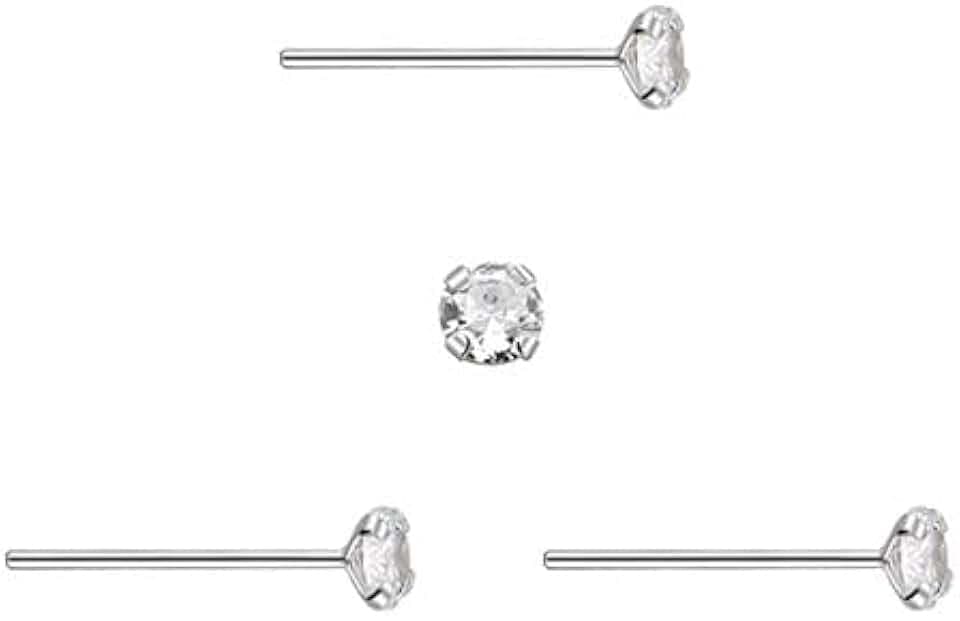 DENI 3 Orecchini a lobo, barra dritta in argento, con zircone rotondo e brillante, 2 mm, barra sottile da 0,6 mm, argento sterling
