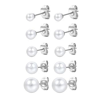 PlandleLee Orecchini di Perle 5 Paia in Argento 925 Sfera Rotonda Ipoallergenici Taglie 4-8mm