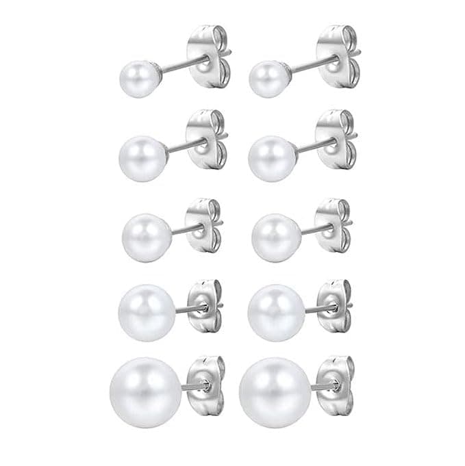 PlandleLee Orecchini di Perle 5 Paia in Argento 925 Sfera Rotonda Ipoallergenici Taglie 4-8mm