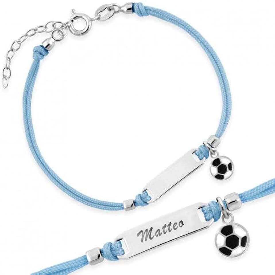 Sakrami Bracciale Argento 925 Bimbo Cordoncino Azzurro Pallone da Calcio Piastrina Incidibile Kids Collection + Confezione Regalo Personalizzata - Braccialetto per Nascita Comunione o Battesimo