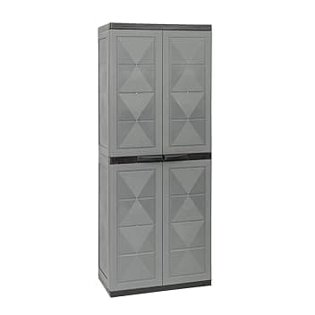 Armadio Basic Line con 3 Ripiani 1 Porta Scope - per Interno, Esterno, Ripostiglio, Organizzazione, Lavabile, Garage, Montaggio Senza Viti, in Polipropilene - Colore Grigio (65X37X165h cm)