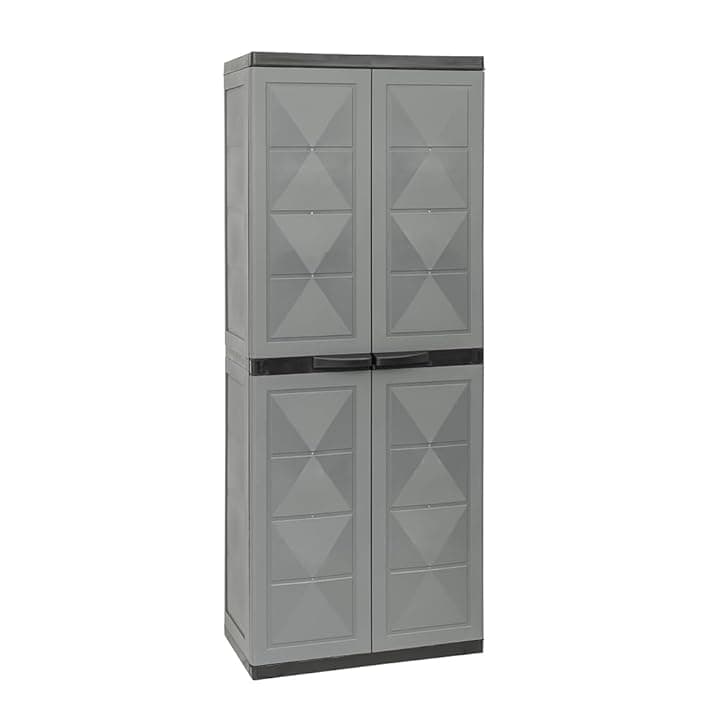 Armadio Basic Line con 3 Ripiani 1 Porta Scope - per Interno, Esterno, Ripostiglio, Organizzazione, Lavabile, Garage, Montaggio Senza Viti, in Polipropilene - Colore Grigio (65X37X165h cm)