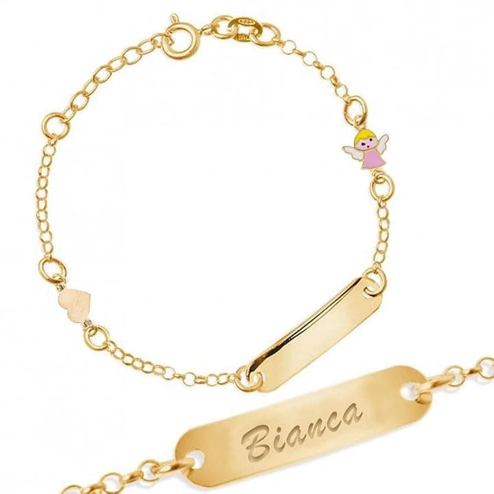 Sakrami Bracciale Argento 925 Bimba Piastrina Personalizzabile con Nome e Angioletto Smaltato Kids Collection + Confezione Regalo Personalizzata - Braccialetto per Nascita Comunione o Battesimo