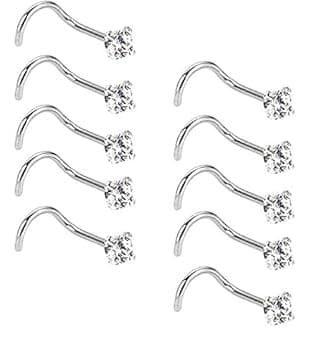 Liuxn Liuxn 20 Gauge 10 Pezzi Naso Vite Curvo in Acciaio Inossidabile Naso a Bottone Naso Cubico Zirconia Piercing Gioielli per Corpo