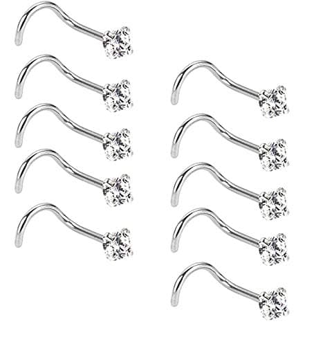 Liuxn Liuxn 20 Gauge 10 Pezzi Naso Vite Curvo in Acciaio Inossidabile Naso a Bottone Naso Cubico Zirconia Piercing Gioielli per Corpo