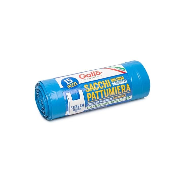 Gallo, 15 SacchettI Spazzatura in Plastica Riciclata, 100% Riciclato, 53x68cm, 30Litri, Blu