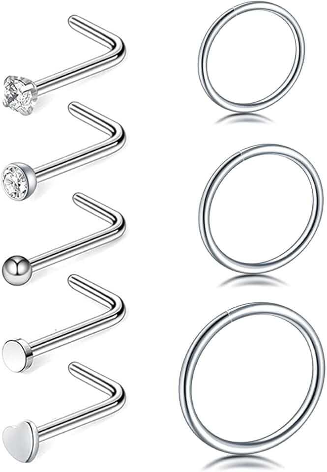 COYUN 8 pezzi Piercing Naso acciaio chirurgico piercing naso cerchio Argento C forma anello Piercing Naso Orecchini Piccolo Piercing Anello Naso per donne uomini,6/8/10mm Nostril Piercing