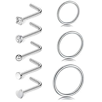 COYUN 8 pezzi Piercing Naso acciaio chirurgico piercing naso cerchio Argento C forma anello Piercing Naso Orecchini Piccolo Piercing Anello Naso per donne uomini,6/8/10mm Nostril Piercing