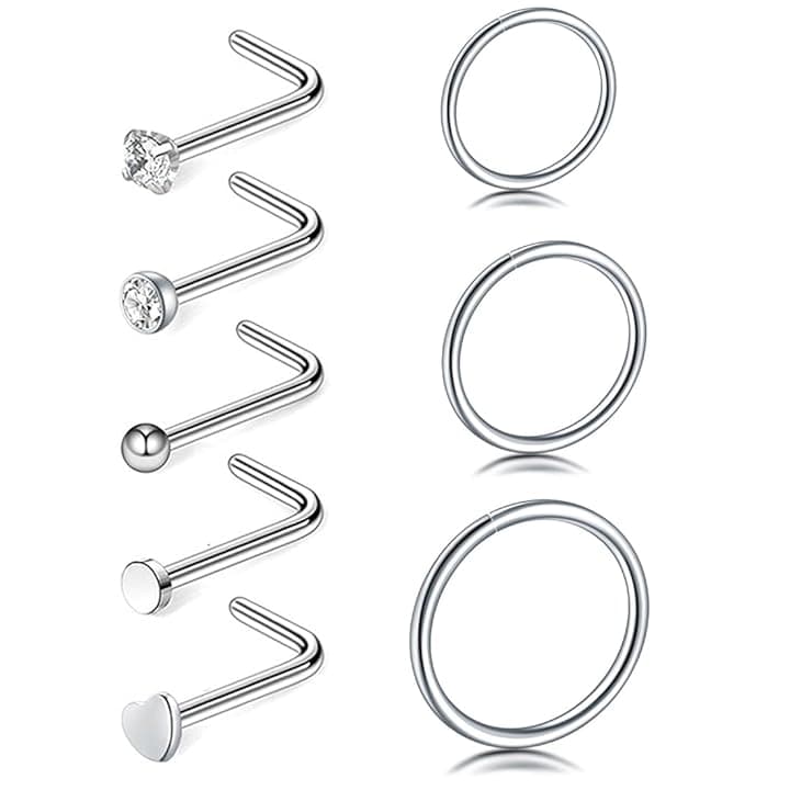 COYUN 8 pezzi Piercing Naso acciaio chirurgico piercing naso cerchio Argento C forma anello Piercing Naso Orecchini Piccolo Piercing Anello Naso per donne uomini,6/8/10mm Nostril Piercing