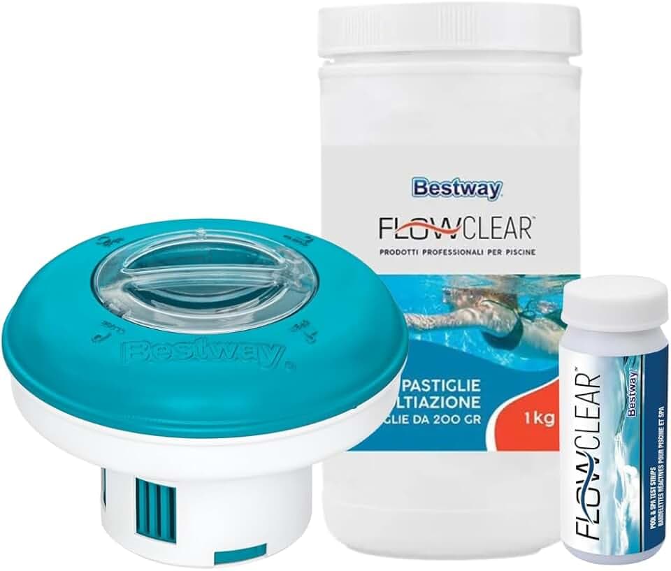 Bestway Nuova Super TRIPLETE Kit Mantenimento acque Piscina, 2019!!! Dispenser + 1 kg PASTIGLIE Tripla Azione+ 50 Strisce Test 3 Funzioni Cloro, PH e Alcalinità