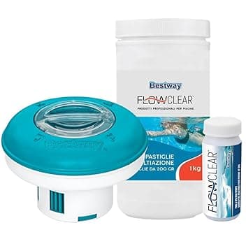 Bestway Nuova Super TRIPLETE Kit Mantenimento acque Piscina, 2019!!! Dispenser + 1 kg PASTIGLIE Tripla Azione+ 50 Strisce Test 3 Funzioni Cloro, PH e Alcalinità