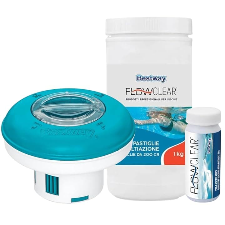 Bestway Nuova Super TRIPLETE Kit Mantenimento acque Piscina, 2019!!! Dispenser + 1 kg PASTIGLIE Tripla Azione+ 50 Strisce Test 3 Funzioni Cloro, PH e Alcalinità