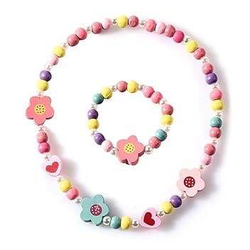 KSJEHW KSJEHW 2 Pezzi Gioielli Bambina, Bracciali Bambina, Set Di Gioielli Bambini in Legno, Collana E Bracciale Colorati, Regalo Per Compleanno, Feste E Accessori Costume(Fiore 2)
