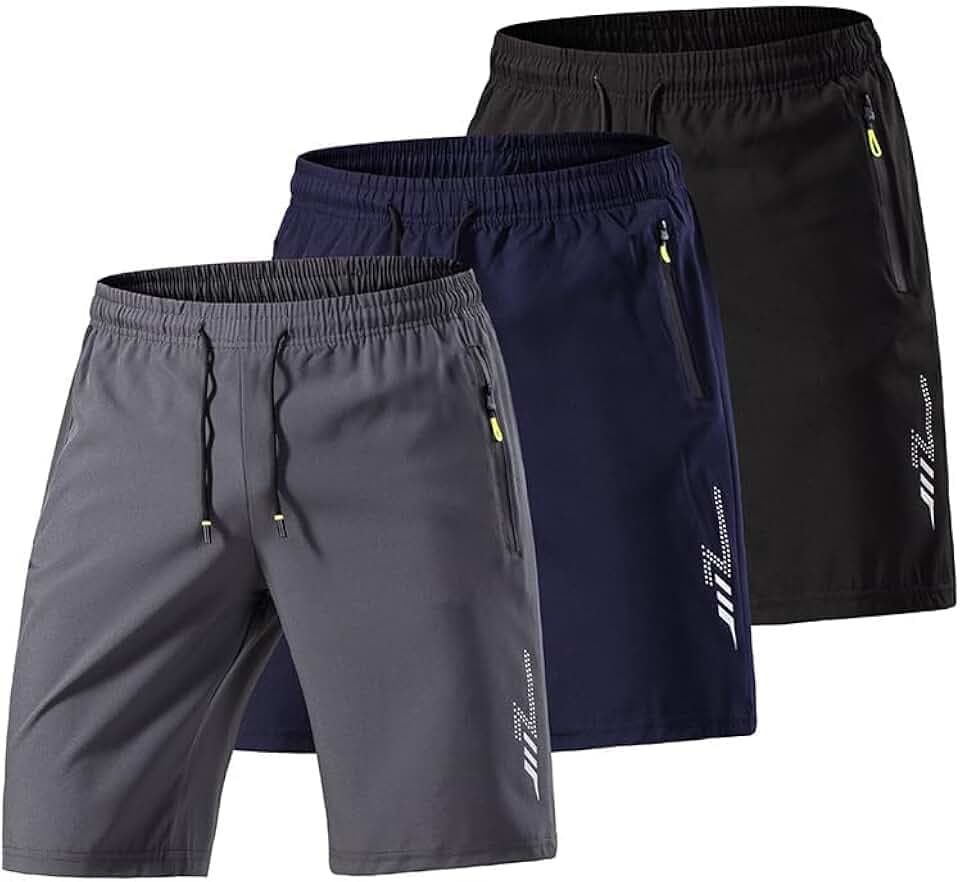 Confezione da 3 pantaloncini sportivi da uomo, ad asciugatura rapida, leggeri, per palestra, allenamento, con tasche con cerniera, seta ghiaccio traspirante