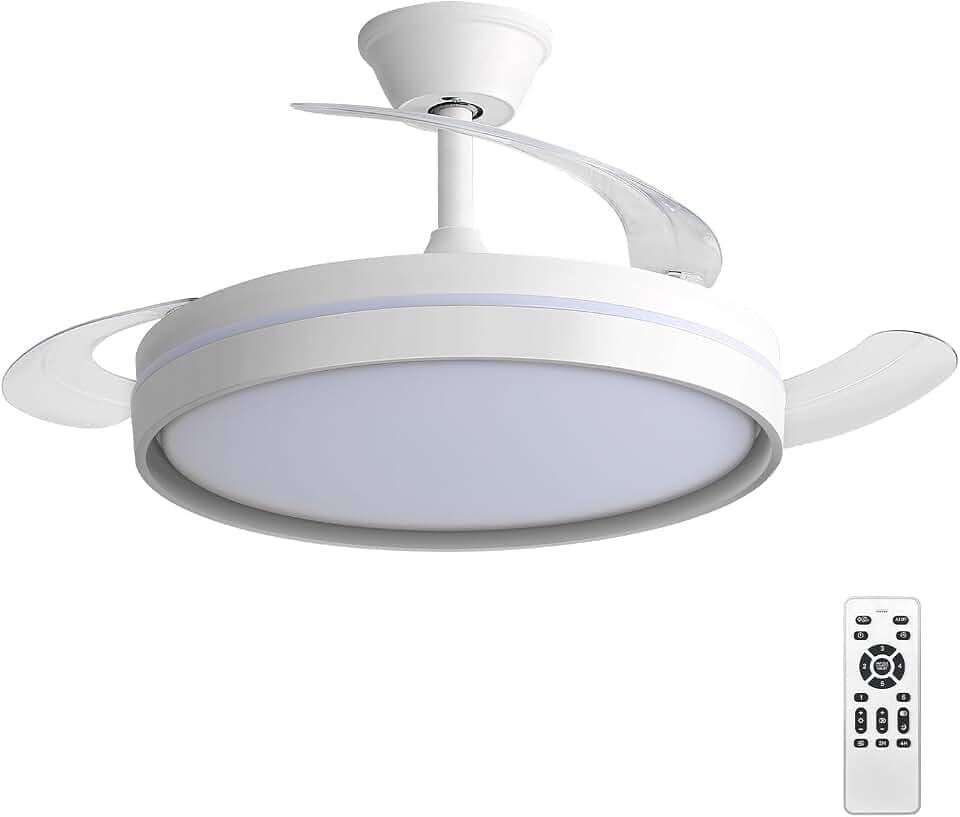 EXTRASTAR 106cm Ventilatore da Soffitto con Luce e pale retrattili, Silenzioso Lampada Ventilatore da Soffitto con Telecomando e Motore DC per Camera da Letto, Cucina, Soggiorno, 6 Velocità