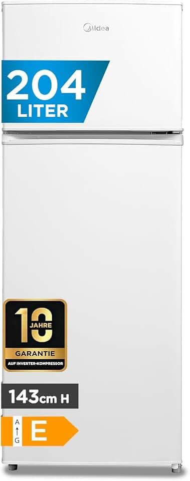Midea MERT210FGE01 Frigo-congelatori doppia porta 204 L, Congelatore da Montare in Alto, 176kWh/annum, controllo della temperatura regolabile, Luce LED, Bianco
