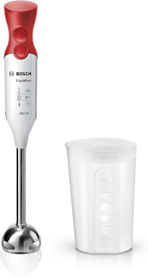 Bosch Frullatore a Immersione MSM64110, 450 W, Impugnatura Ergonomica, Piede in Acciaio Inox, Lama a 4 ali Acciaio Inox, Due Livelli di Velocità, Pratico Bicchiere Graduato Incluso, Bianco, Rosso