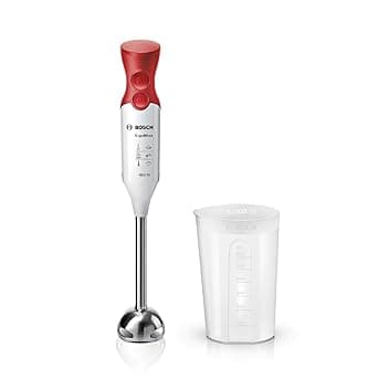 Bosch Frullatore a Immersione MSM64110, 450 W, Impugnatura Ergonomica, Piede in Acciaio Inox, Lama a 4 ali Acciaio Inox, Due Livelli di Velocità, Pratico Bicchiere Graduato Incluso, Bianco, Rosso