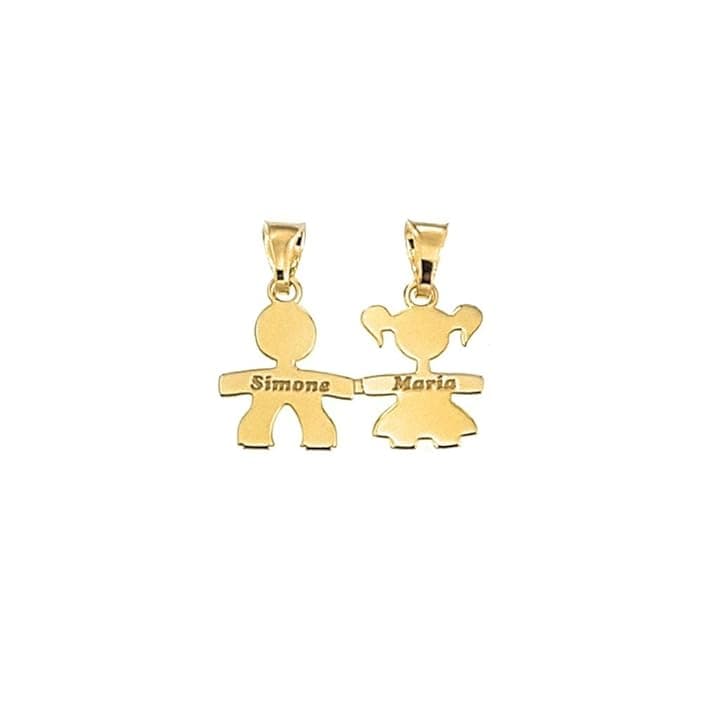 Moun Jewels 2 ciondoli a forma di 2 bambini da dividere, bimbo e bimba, in argento 925. Incisione gratuita. Originale MOUN.