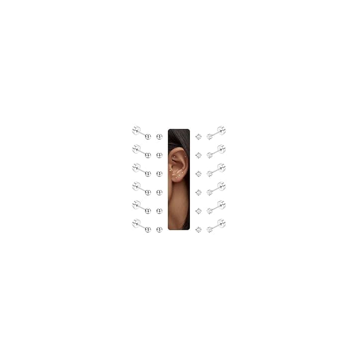 LOLIAS 12 Paia di Orecchini a Lobo Donna Uomo Ragazza Placcato Acciaio Chirurgico 316L Piercing Alla Cartilagine Orecchini a Lobo Piccoli 20G Trasparente Tondo Con Vite a Sfera Con Retro Piatto