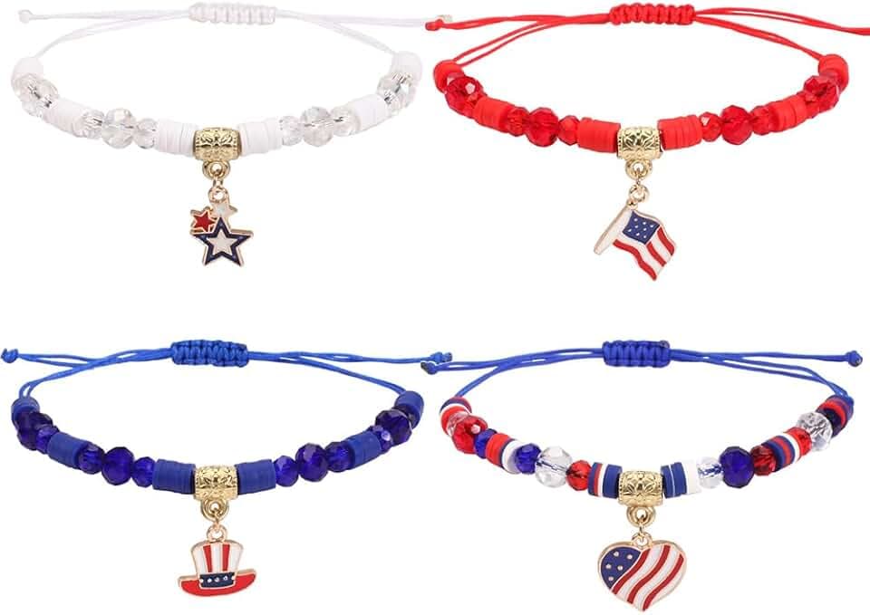 OIDIMS 4 braccialetti patriottici USA per donne, uomini, ragazze, ragazzi, 4 luglio, bandiera americana, tema tessitura, braccialetto regolabile impilabile con perline multistrato Boho Freedom Giorno