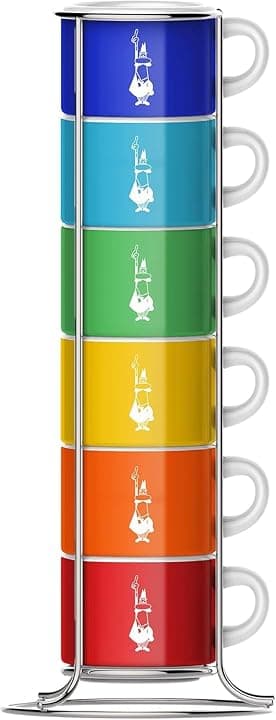 Bialetti Sei Tazzine Impilabili, Multicolore, Porcellana, Multicolore, 9 x 9 x 28.5 cm, 450 grammi