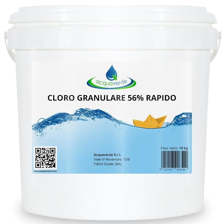 acquaverde | Cloro Granulare per Piscina 56% Rapido 10 kg, Dicloro Stabilizzato a Rapida Dissoluzione per Trattamento Shock, Mantenimento, Iperclorazione, Pulizia ed Igiene dell'Acqua di Piscine