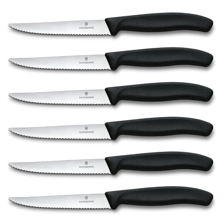 Victorinox Set di Coltelli Bistecca e Pizza Professionali Swiss Classic, 6 Pezzi, Coltelli da Tavola, Lame Affilate Ondulate, 11 cm, Manici in Plastica, Nero