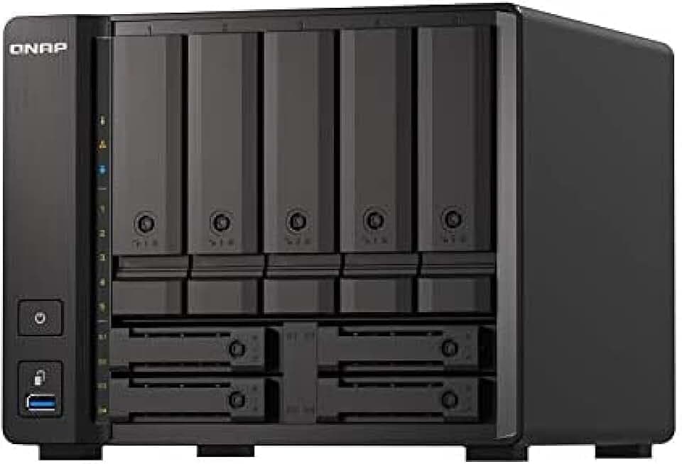 QNAP 9-Bay QuTS hero NAS TS-H973AX-8G Up to 9 HDD/SSD Hot-Swap. Ryzen V1500B Quad-Core. Processor frequency 2.2 GHz. 8 GB. DDR4. 2x2.5GbE. 1x10GbE. 1xUSB Type-C 3.2 Gen 2. 3xUSB Type-A 3.2 Gen 2
