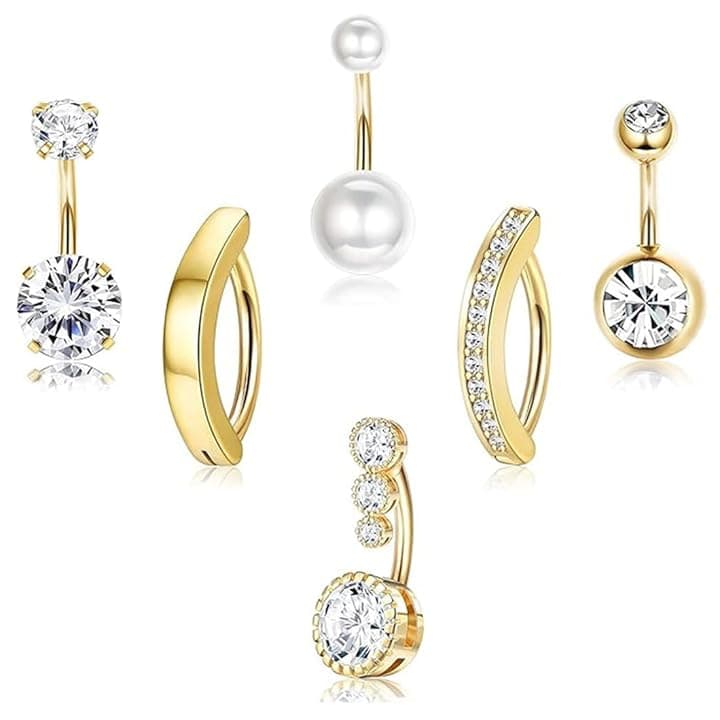 ZILZUFA ZILZUFA Piercing Ombelico Oro e Argento con Perle, Anello per Ombelico con Strass, Piercing Ombelico Pendente Regalo, Design Elegante e Unico